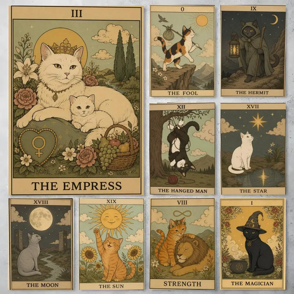 Cat Vintage Tarot Cute Sun Moon Poster High-definition posters, wall art for living room and home decor.