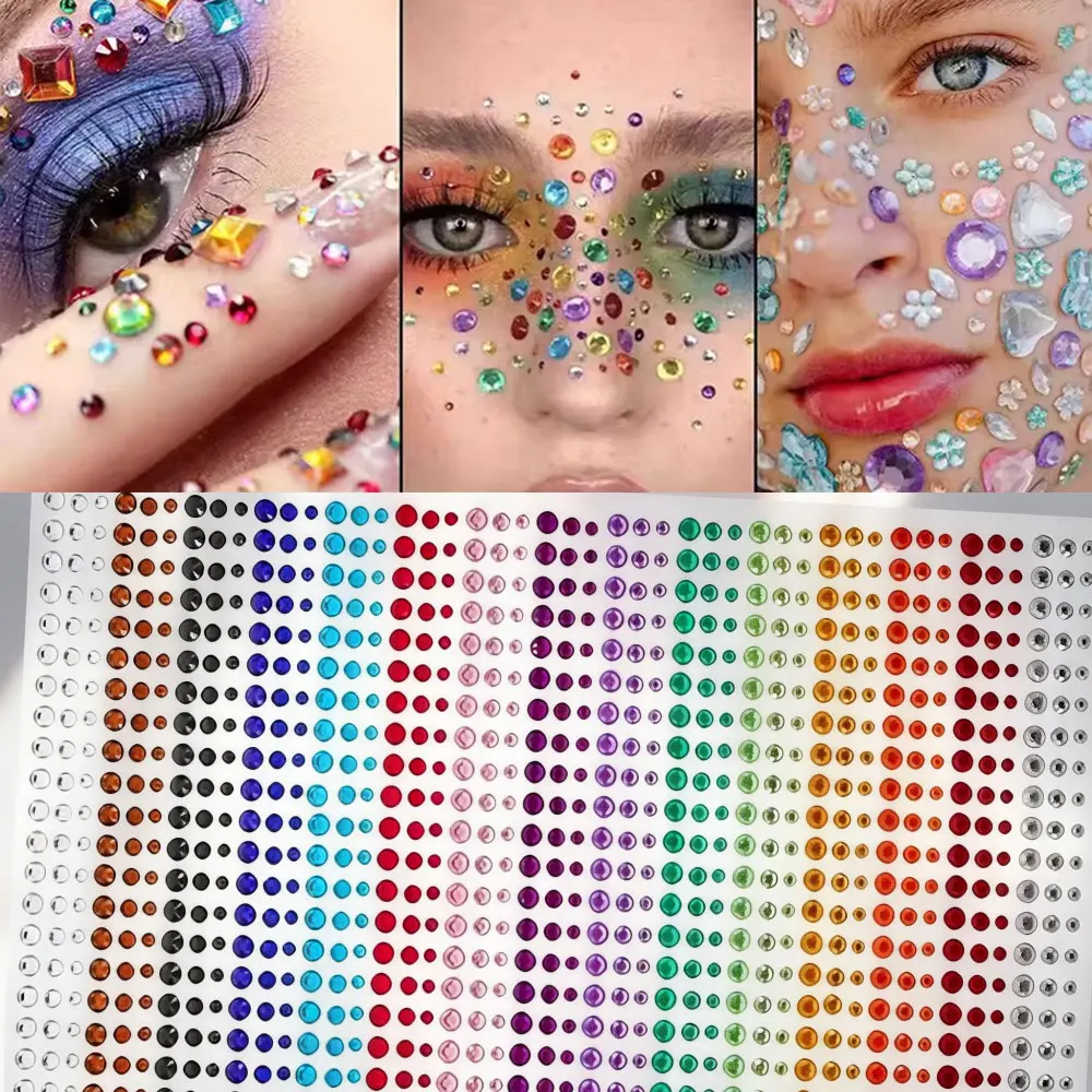 

1/2/3Sheets 3D Colorful Acrylic Diamond Face Stickers Self Adhesive Face Gems Nail Art Rhinestone Festival Makeup DIY Decoration
