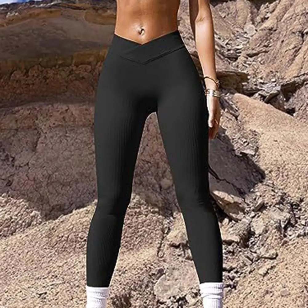 Calças Yoga monocromáticas slim cut para mulheres, leggings casuais sem costura, cintura alta, padrão com nervuras, longo