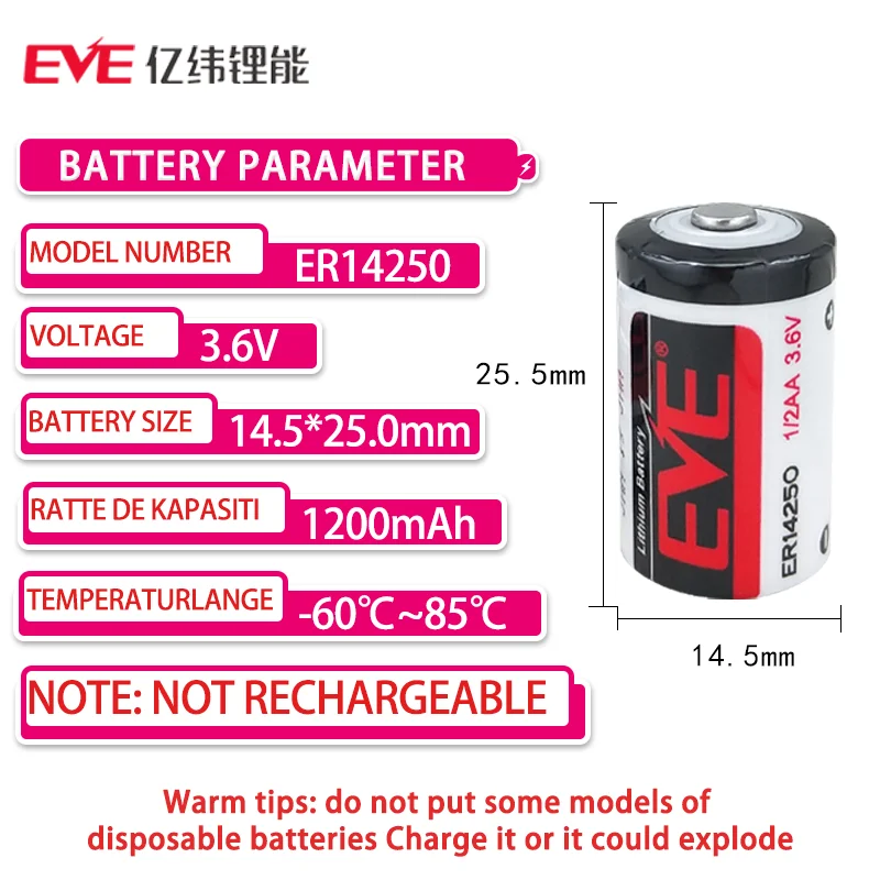 EVE ER14250 Lithium Ion Battery 3.6V Smart Meter Industrial Control PLC Servo Programmer ETC Probe Automation Instrument