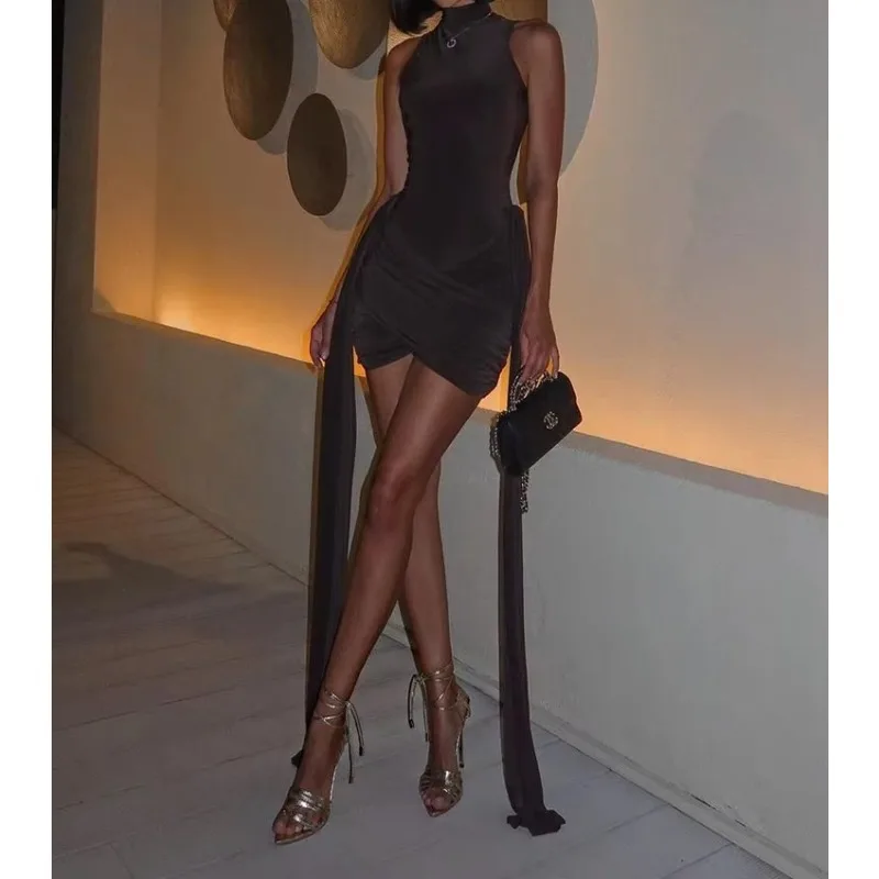 Turtleneck Sleeveless Sexy Short Dress for Women Fashion Irregular Ruched Tank Dress Femme Elegant Club Party Dress