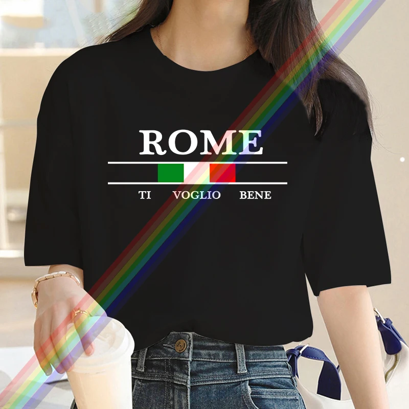 Luxury Brand Fashion Rome Ti Voglio Bene Printed Crew Neck Clothing Short Sleeve T-Shirt Trend Women's Summer Y2K Top