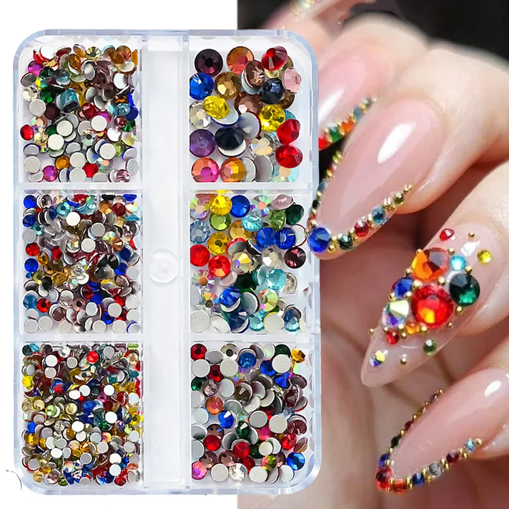 

6/12grid SS6-SS20 Colorful Nail Art Rhinestones Flatback Crystal 900-1000pcs AB Pink Blue Red Multi-size Diamond Gems Decoration