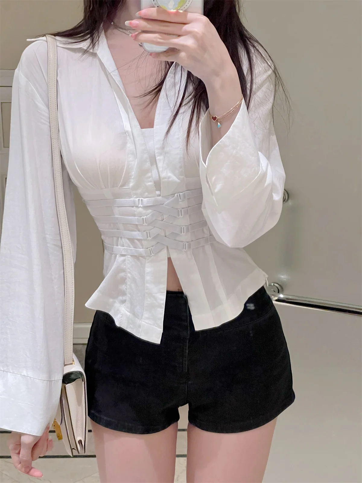 

Cross Ba Design Long Sve irt Waist Inward Sle Versatile Autumn New Arrival Women's Premium Faion Cotton irt