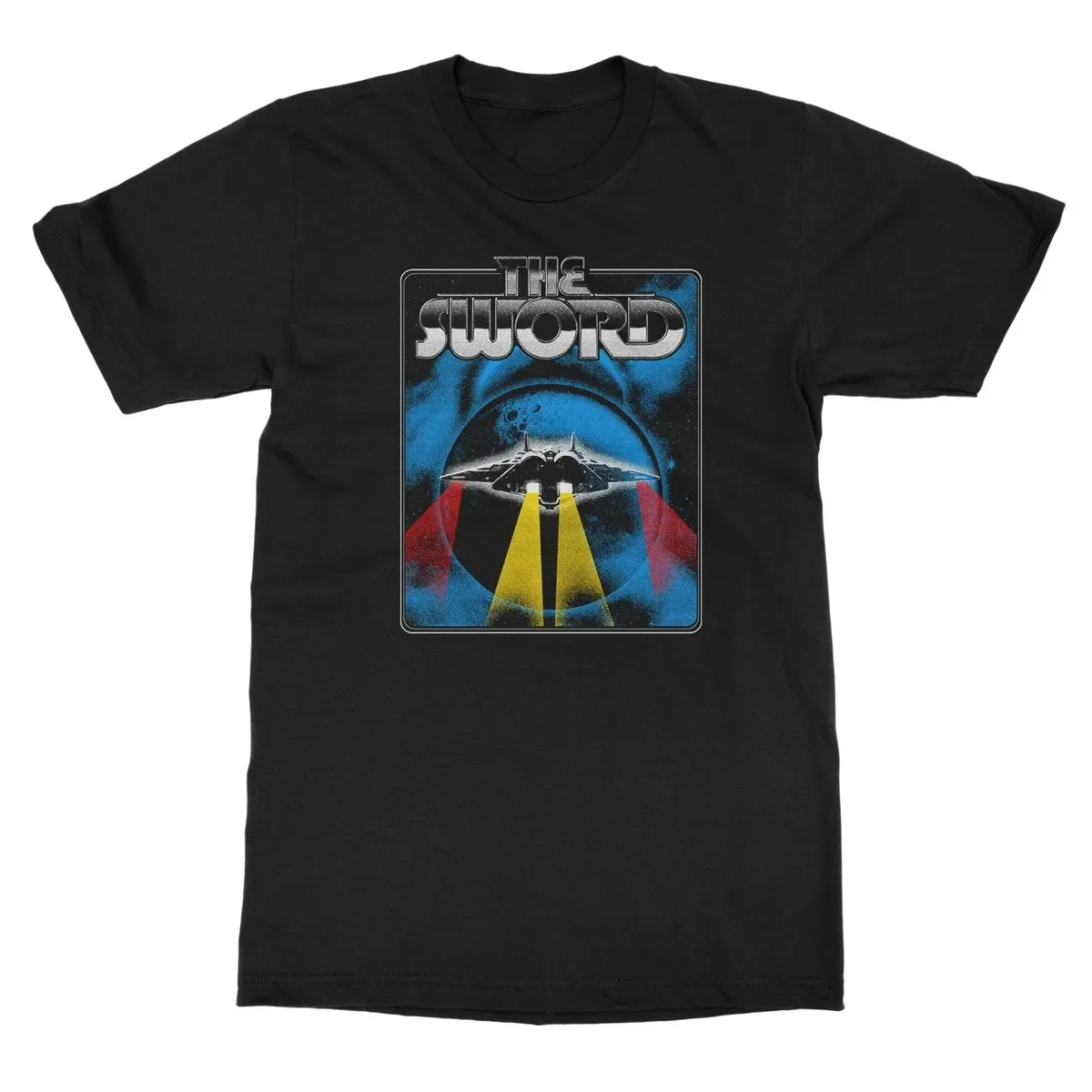 The Sword Cosmic Spacecraft Graphic T Shirt, Retro 70s Sci Fi Art Print with Galaxy Nebula and Metal Band Lettering