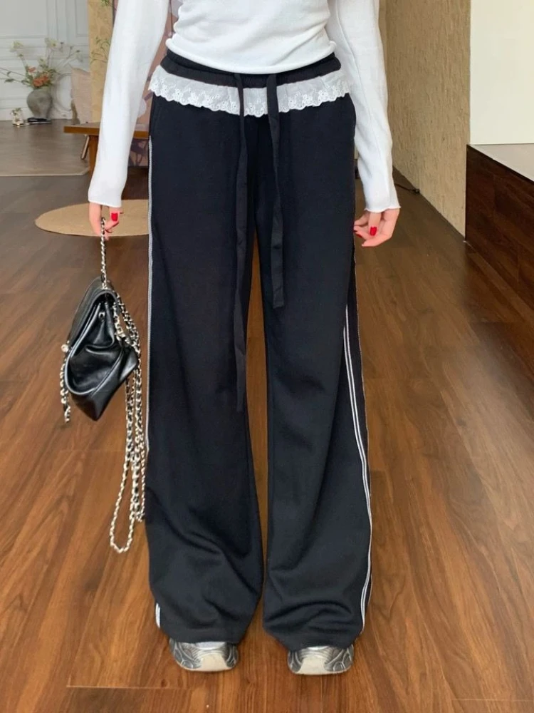 

HOUZHOU Black Sweet Lace Patchwork Women Pants Striped Wide Leg Korean Fashion Jogging Sweatpants Baggy Casual Straight Trousers