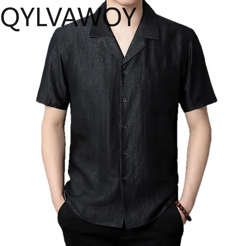QYLVAWOY Men's Shirts Short Sleeve Tops 100% Natural Mulberry Silk Shirts Summer Shirts for Men Thin Menswear Clothing Business