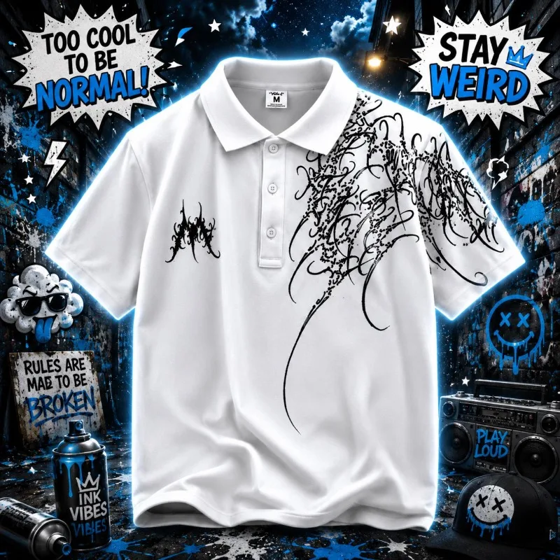 Y2K Goth Punk Oversized Polo Shirt, Streetwear Button Collar Top