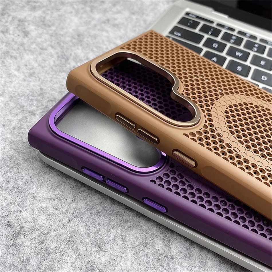Griglia a nido d'ape Mesh di raffreddamento per custodia Magsafe per Samsung Galaxy S25 Ultra S24 S23 Plus Cover rigida con lente in lega mangetica smerigliata