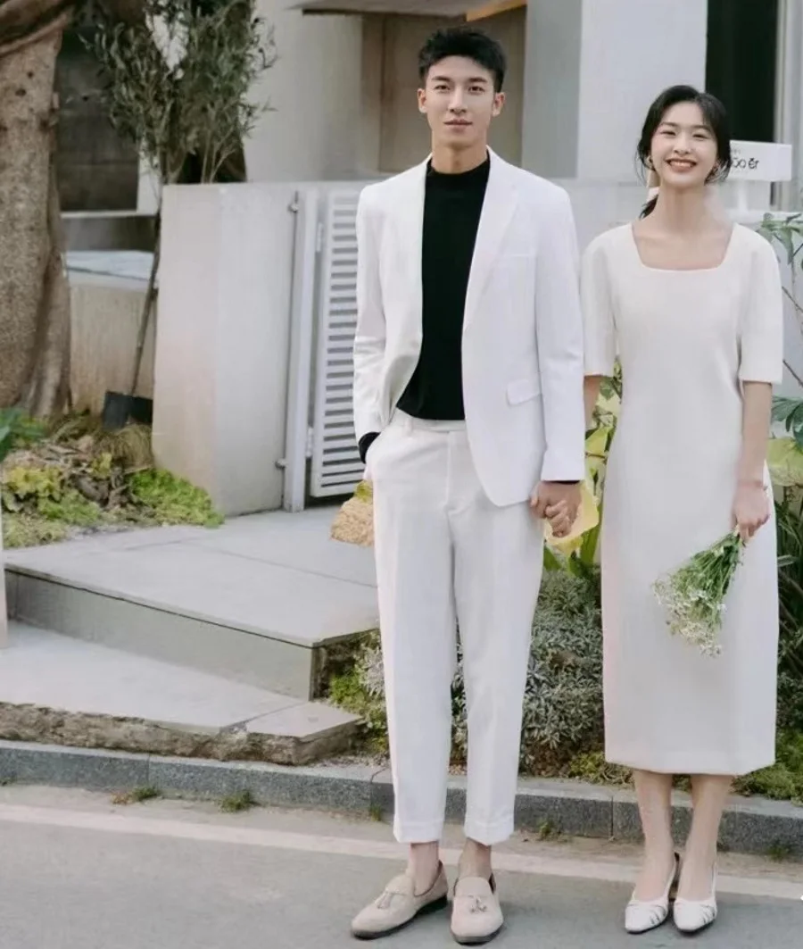 Gaun Pengantin Punggung Terbuka Satin Lembut Elegan Leher Persegi Korea Gaun Pengantin Panjang Setengah Pergelangan Kaki Perjalanan Sederhana A-Line Satin Lembut Elegan Gaun Pengantin