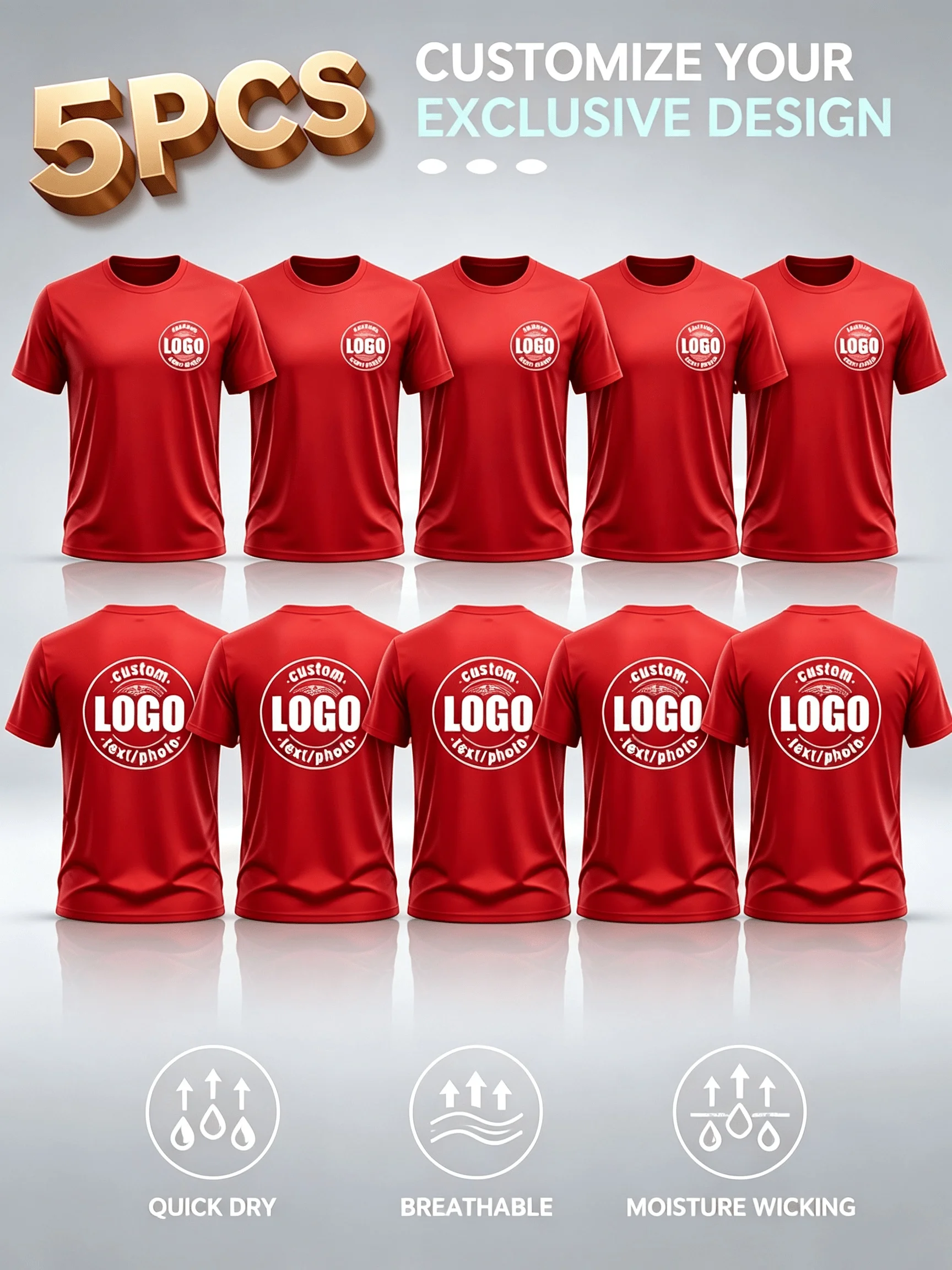5-Pack Custom Men's T-Shirts – Personalize Your Own Design and Logo [Customizable on Left Chest or Back] – Ideal for Running, Da