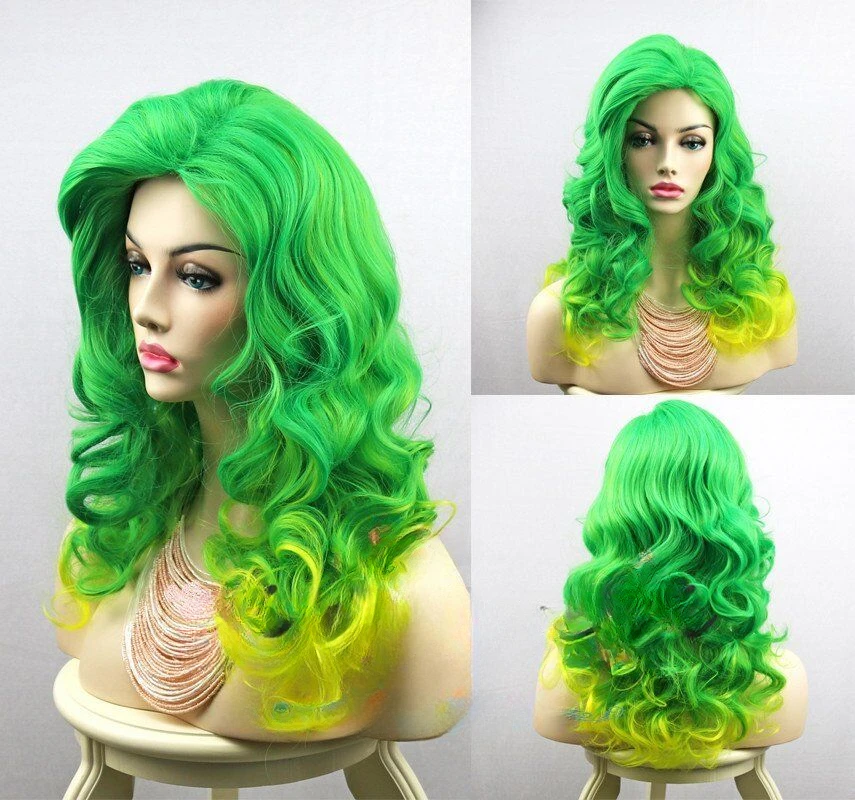 Perruque d'Halloween Bouclée pour Femme, Cheveux Vert Lange, Mélange Cosplay, Degré de Chaleur