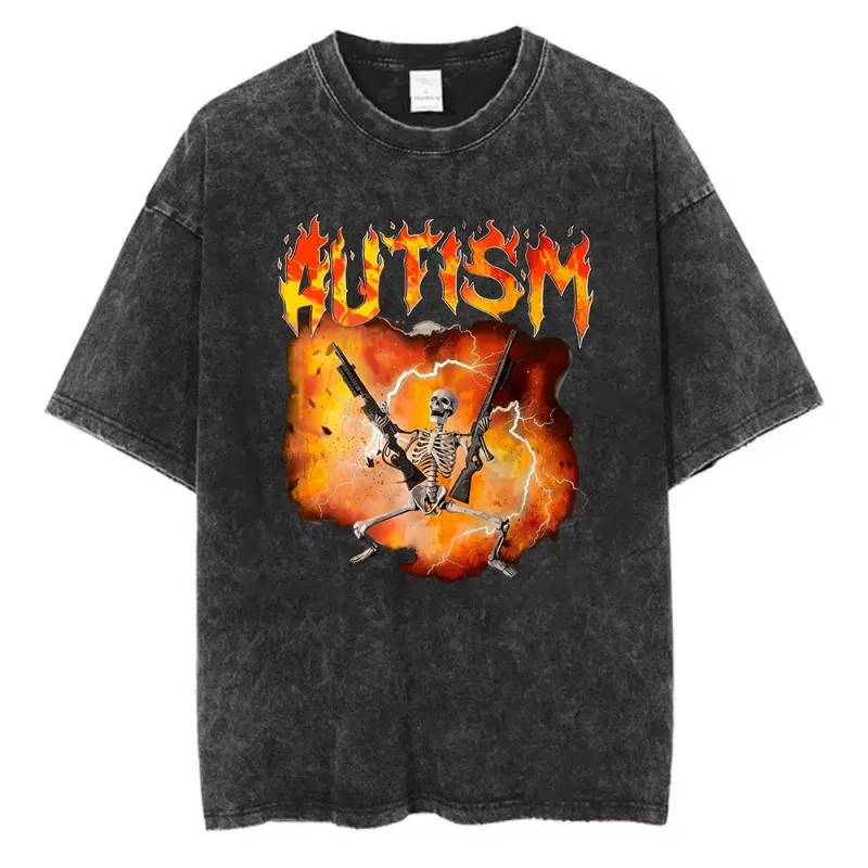 Hardcore Autism Skeleton Graphic T Shirt Women Pure Cotton Flame Lightning Print Tee Summer Retro Aesthetic Harajuku Fashion