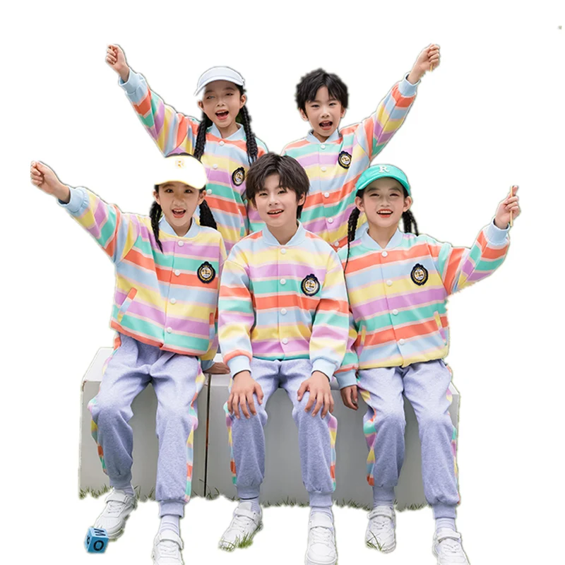 

Child Korean School Uniform Set For Boy Girl Colored Stripe Jacket And Pants Clothing Set Student Kids Wear Clothes Suit 3 To11Y