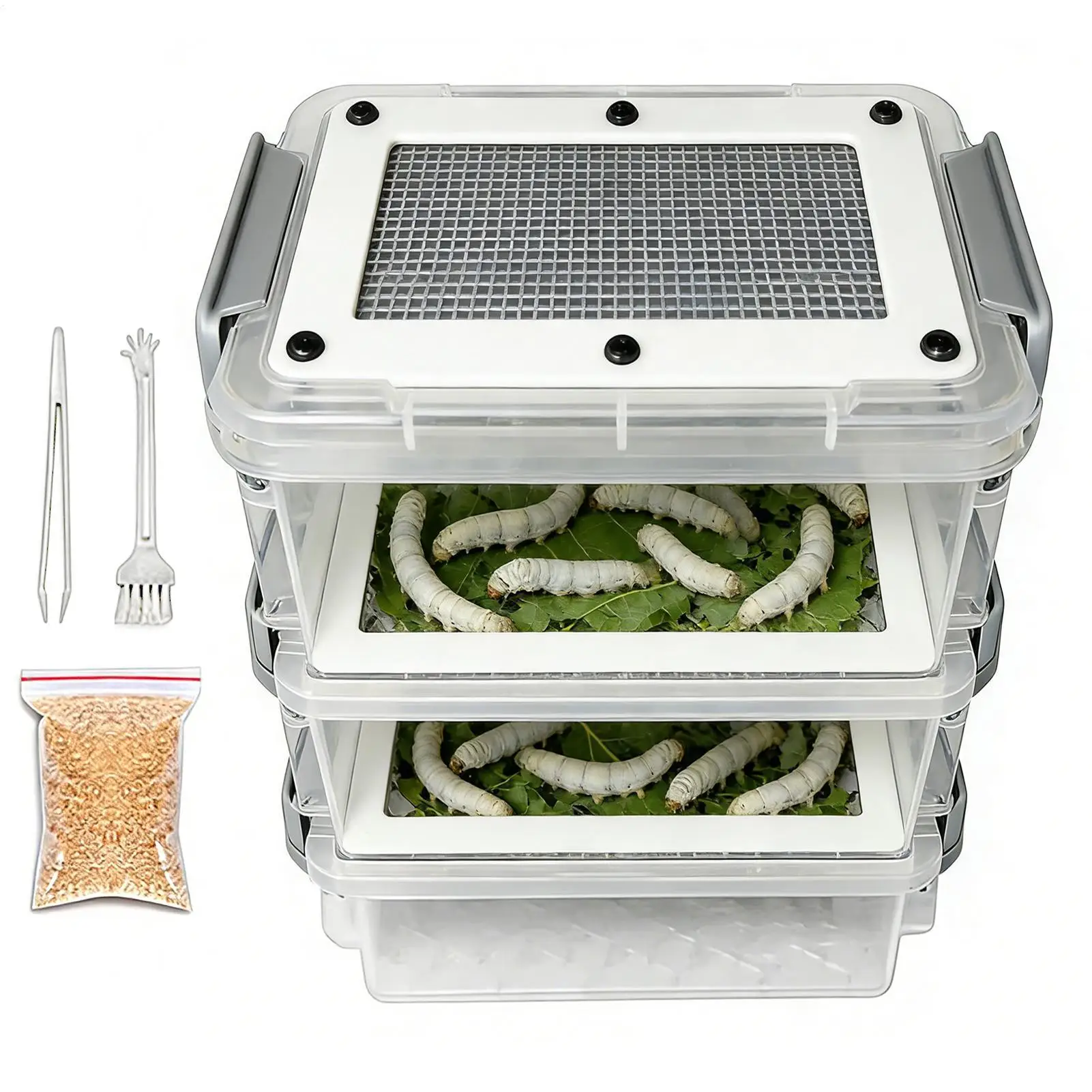 Mealworm Breeding Kit 3-Layer Silkworm Feeder Bin Corn Worm Breeder Box for Pet Parents Animal Lovers Keepers Breeders