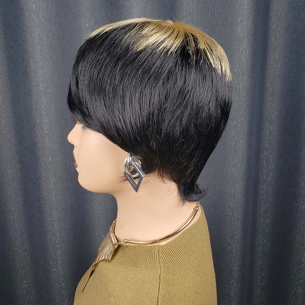 Parrucche per capelli umani con taglio pixie per donna Parrucche ondulate con taglio pixie a strati corti Parrucca brasiliana Remy diritta fatta a macchina Nera con bionda