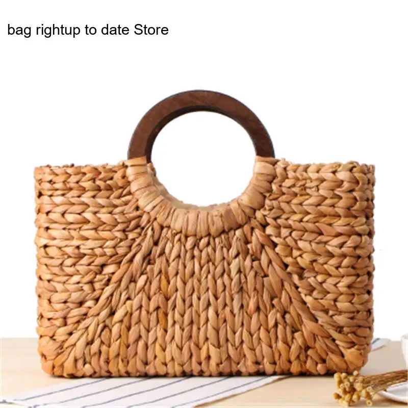 Wooden Corn Husk Woven Beach Pure Color Large Capacity Simple and Versatile Handmade Handheld Bag for Women