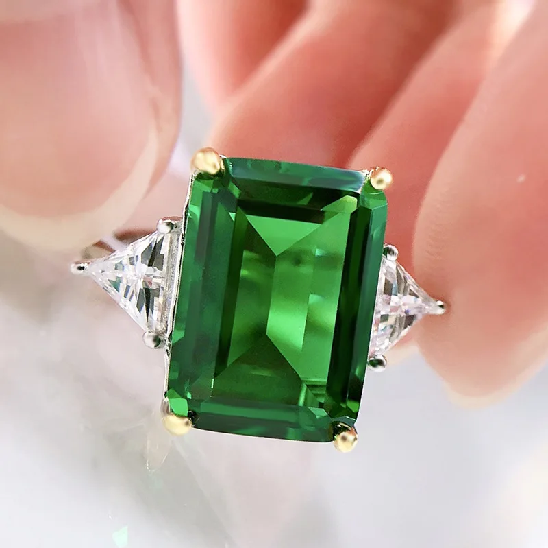 New 100% S925 silver 10 * 14 rectangular car flat emerald ring fashionable women's simple and atmospheric wedding jewelry