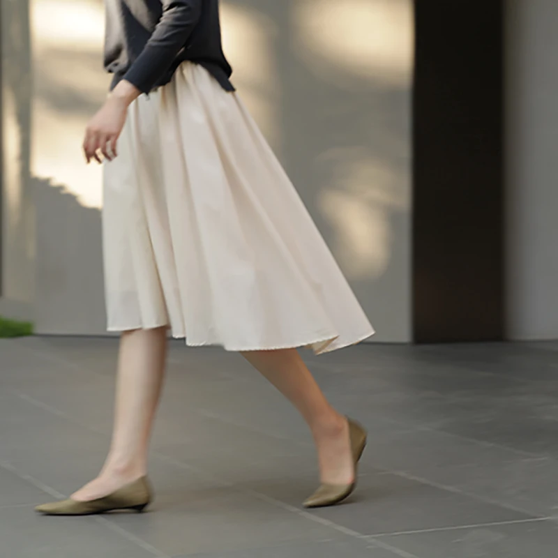 

Ele Mid-Length A-Line Skirt with Asymmetric Hem Elastic Waist Simple Sle Pure Color Commute Cotton 00%