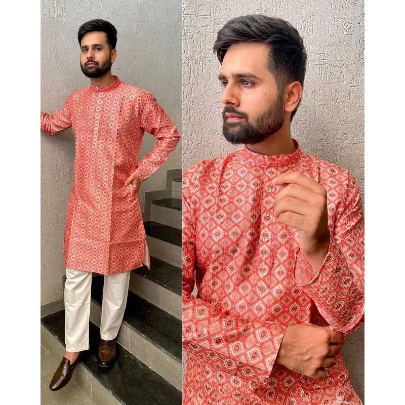 Luxury Casual Islamic Arabic Abaya Robe Fashion Ethnic Print Stand Collar Youth Mid-length Shirt Coat Muslim Men Clothing Kurta