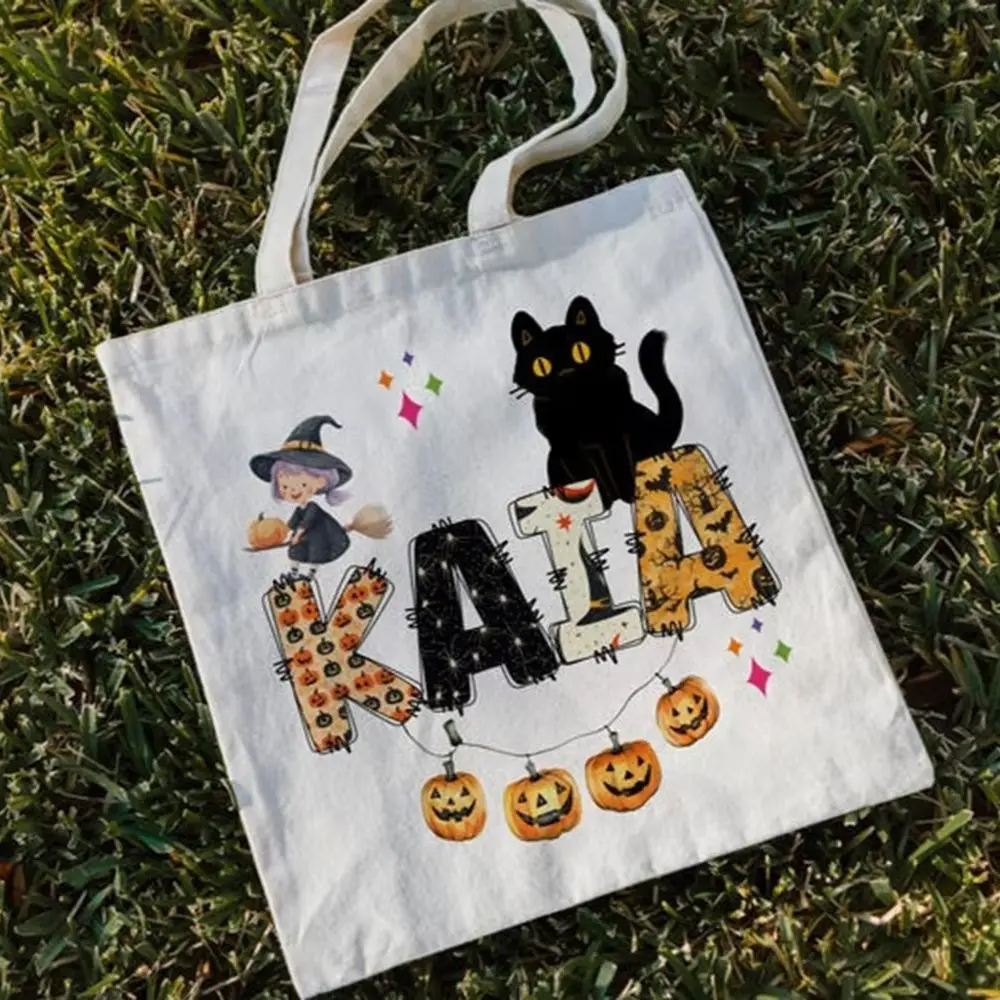 Custom Canvas Tote Bag Spooky Bat Spider Web Upload Name Logo Picture Lightweight Party Favor Bag For Girls Boys Halloween Gifts