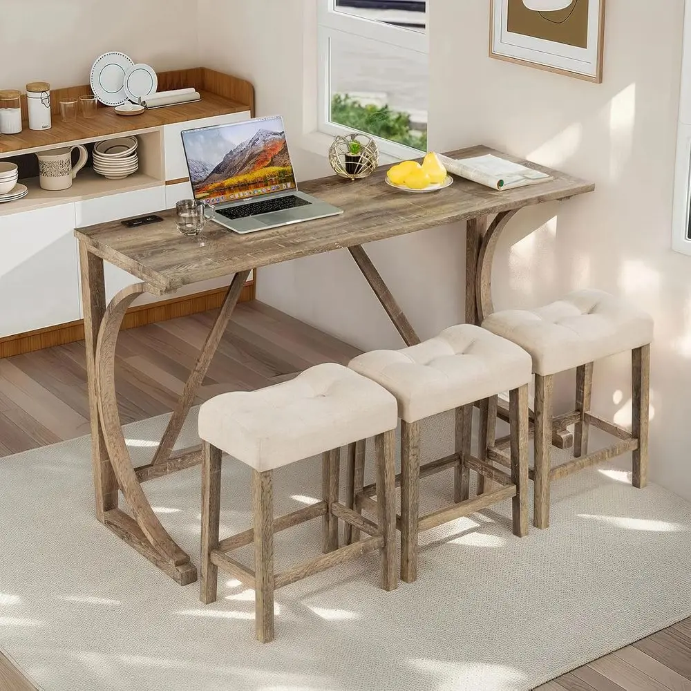4 Piece Kitchen Table Set, Counter Height Bar Table Set with Socket and 3 Padded Stools Industrial Breakast Nook Table Set or Li