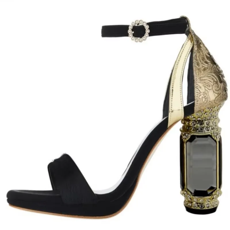 SHOFOO Sexy women's high-heeled sandals. Crystal heel. About 10.5cm heel height. Black suede gold embossed leather sandals.34-46