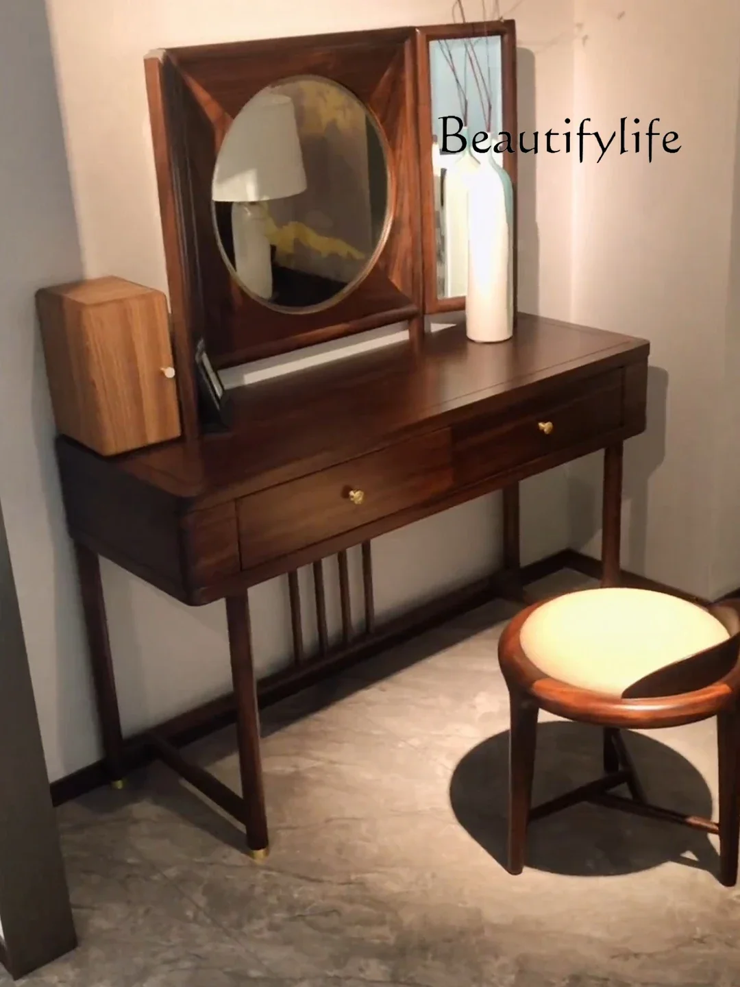N19  Chinese Zen Ugyen Wooden Dressing Table Dressing Stool Combination Modern Minimalist Bedroom Makeup Table