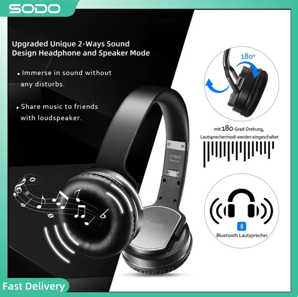 سماعات رأس ومكبرات صوت لاسلكية SODO MH2 2 في 1 قابلة للطي هاي فاي ستيريو بلوتوث 5.0 مع دعم ميكروفون لـ TF وFM