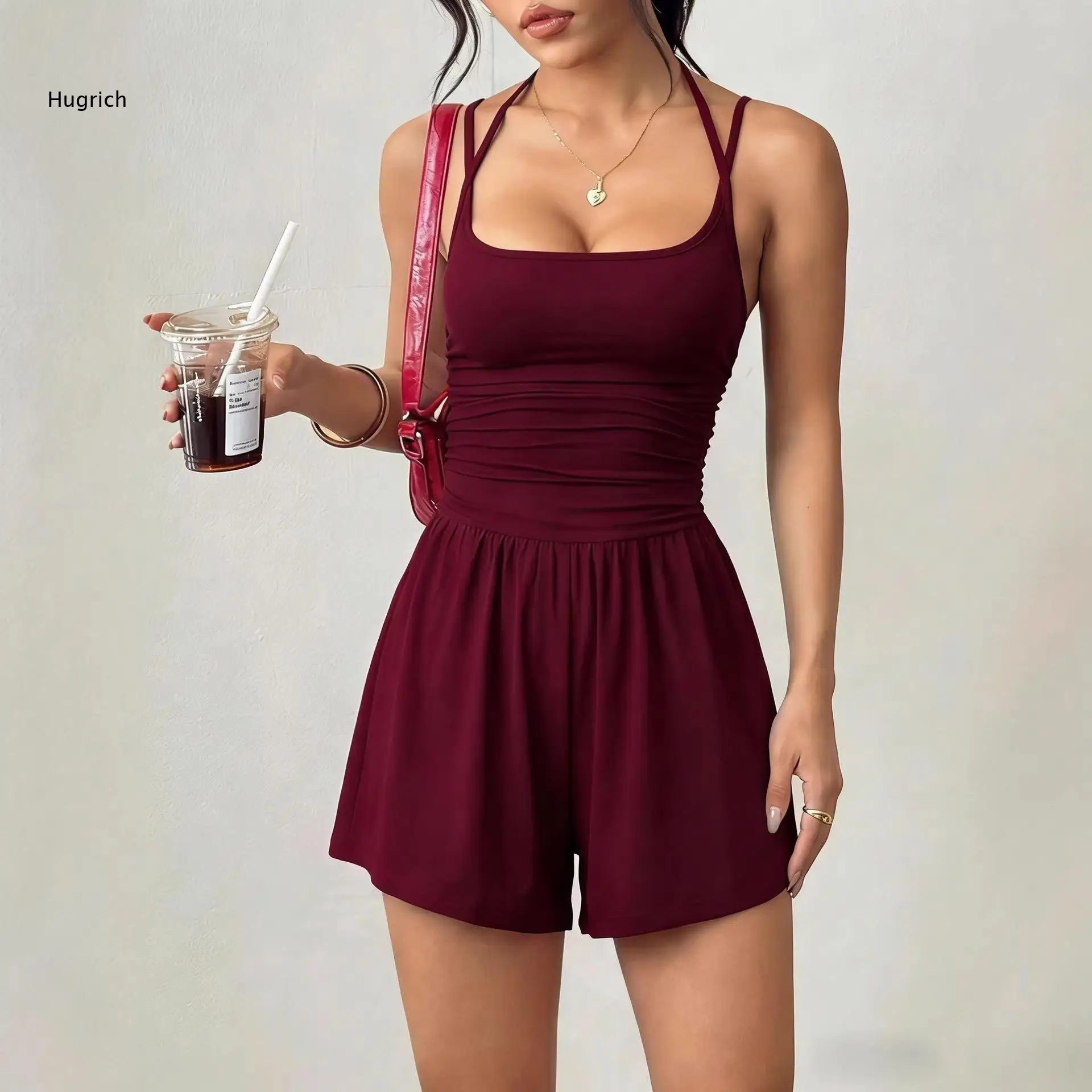Tank Halter Back Cross Jumpsuit Slimming Ruched Waist Loose Wide Leg Shorts Soft Stretchy Women Casual Clothes