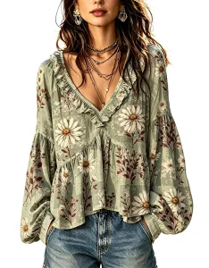 Blusa de outono com decote em V, camisa de manga comprida para mulher, blusa de primavera, peça casual, elegante, moderna, para usar no dia a dia e em