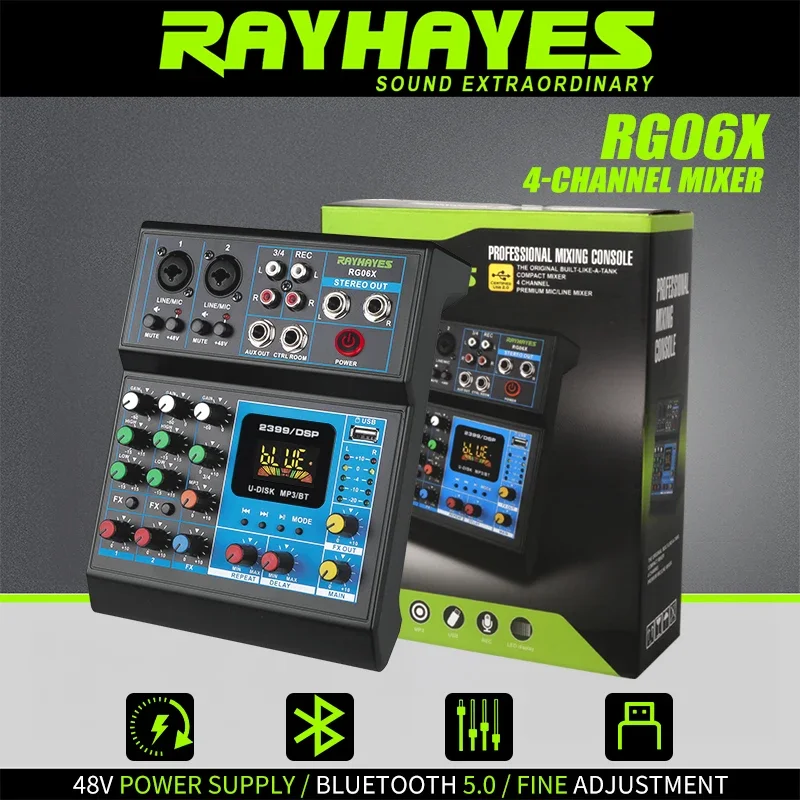 

Профессиональный 4-канальный аудиомикшер RAYHAYES RG06X с поддержкой фантомного питания 48В и Bluetooth, подходит для записи и работы диджеев.
