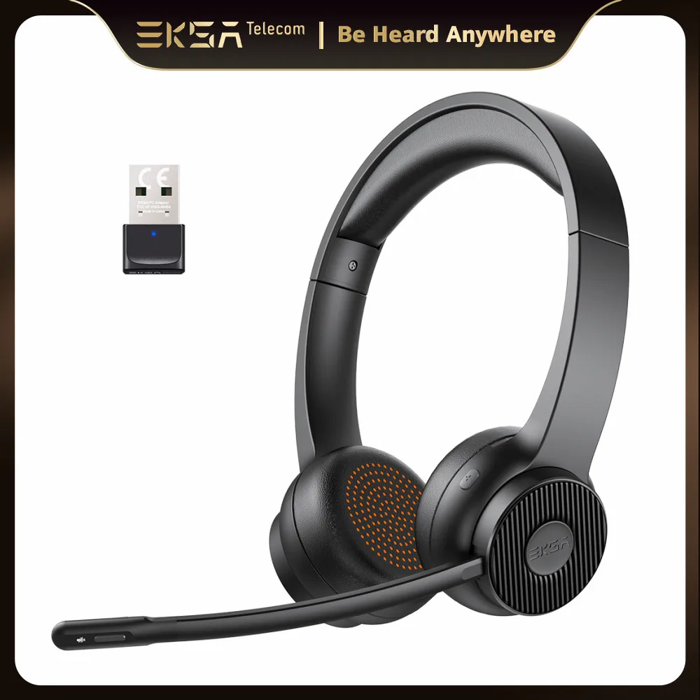 EKSA - H16 Bluetooth 5.2 Headsets, PC Wireless Headphones, AI ENC Mic, 35H Talk Time, with USB Dongle for Office/Call Center