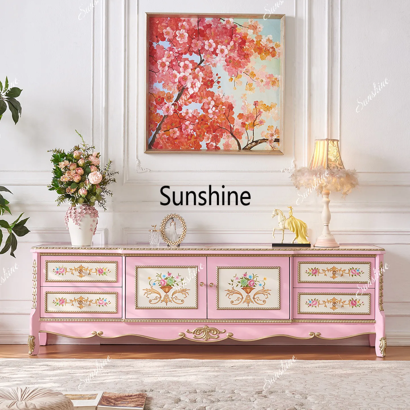 French palace cream wind pink all solid wood living room high-end floor villa floor cabinet