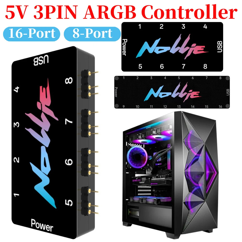 5V 3PIN ARGB Controller 8 Way Addressable ARGB Splitter Nollie SignalRGB OpenRGB For Computer PC Case Cooling Fans Light Strip
