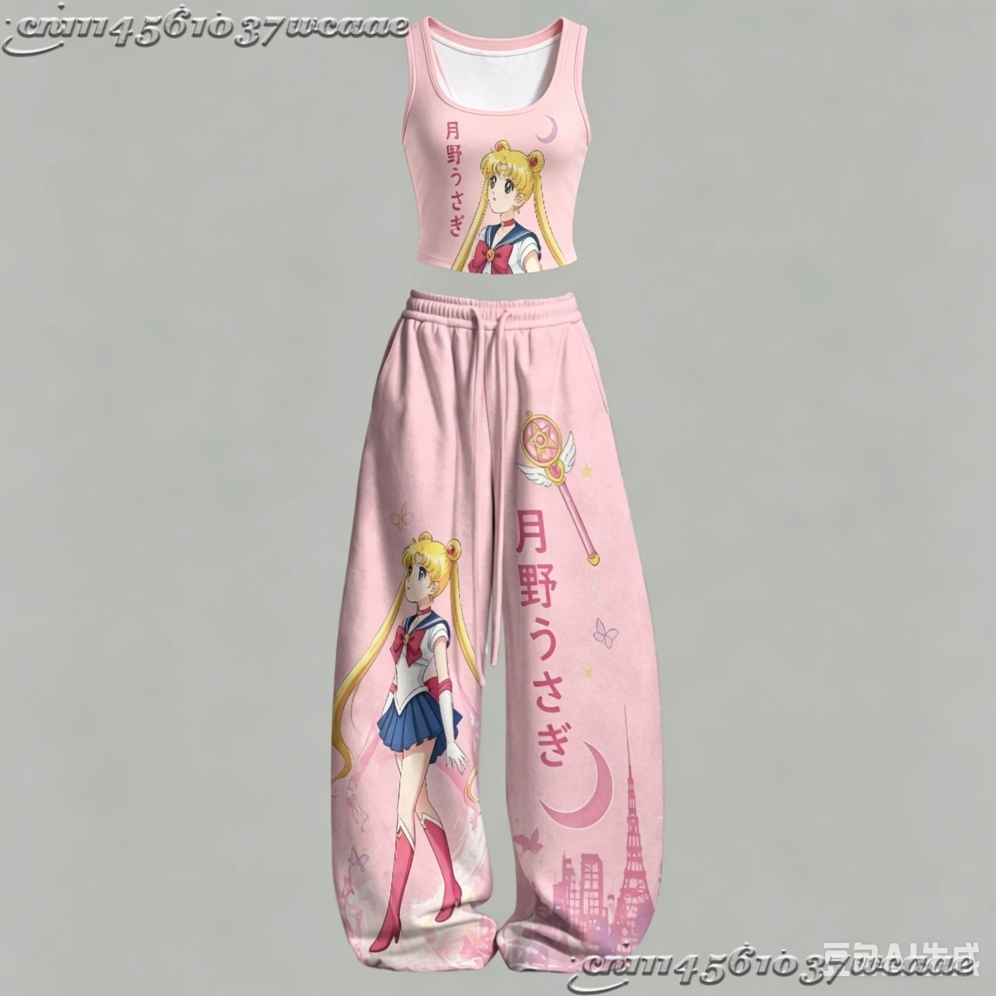 2026 Ew Universal Tank Top Wide Leg Pants Set Sailor Moon Usagi Navy Moon Star Magic Wand Print Two Piece Outfit Family Kids