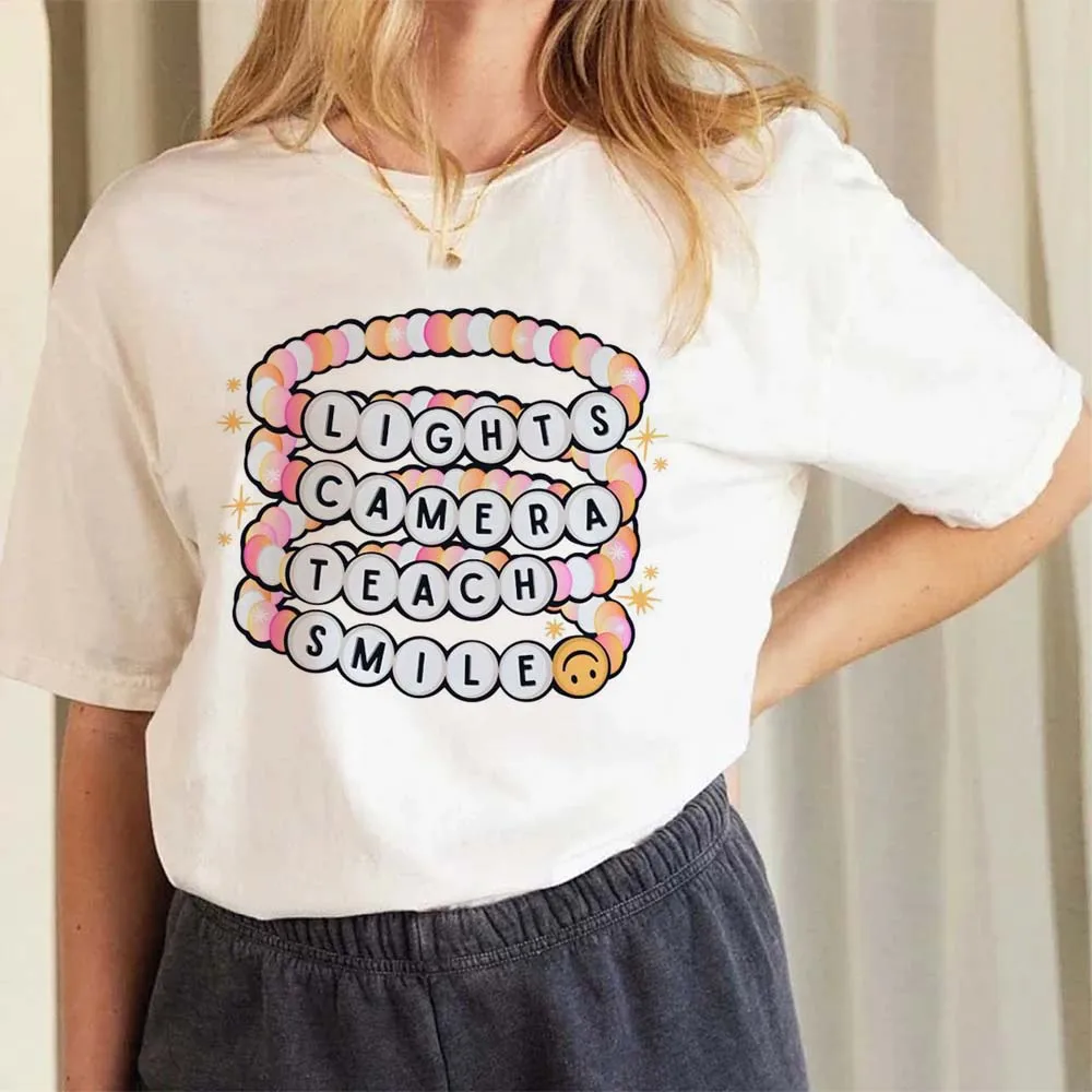 Lights Camera Teach Smile Swiftie Printed Cute T-Shirt Women's Fashion Cartoon Pattern T-Shirt Casual Clothing Basic Top T-Shirt