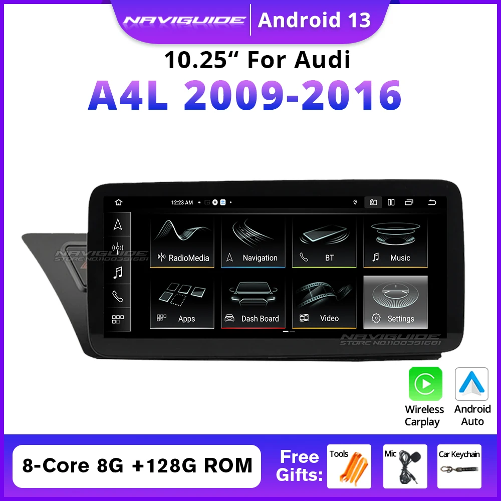 NAVIGUIDE 10.25'' 14.9'' Android14 Car Multimedia Video Player For Audi A4 A4L A5 LHD 2009-2016 Carpaly WIFI Navi Tools DSP BT