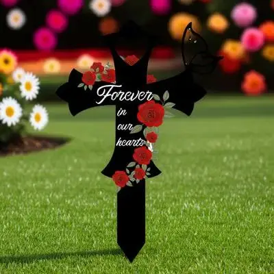Memorial Cross Stake Metal Cemetery Decoration Grave Marker Garden Yard Lawn Outdoor Memorial Sign for Loved Ones Remembrance