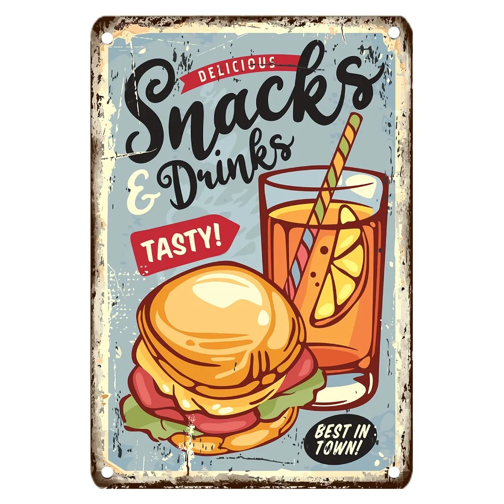 Vintage Food Metal Sign, 12x8 Inch Iron Wall Decor, Retro Snacks & Drinks Design Plaque, Pre-Drilled Holes for Easy Hanging