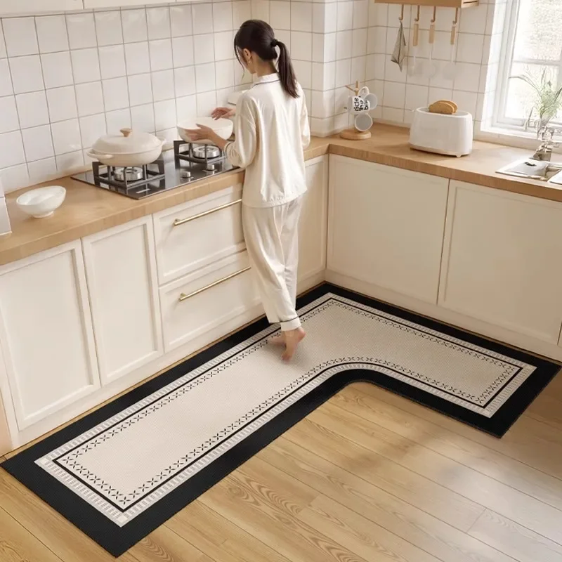 L-shaped Leather Kitchen Mat Modern Light Luxury Waterproof Oil-proof PVC Carpet Wipeable Special-shaped Rugs Tapete De Cozinha