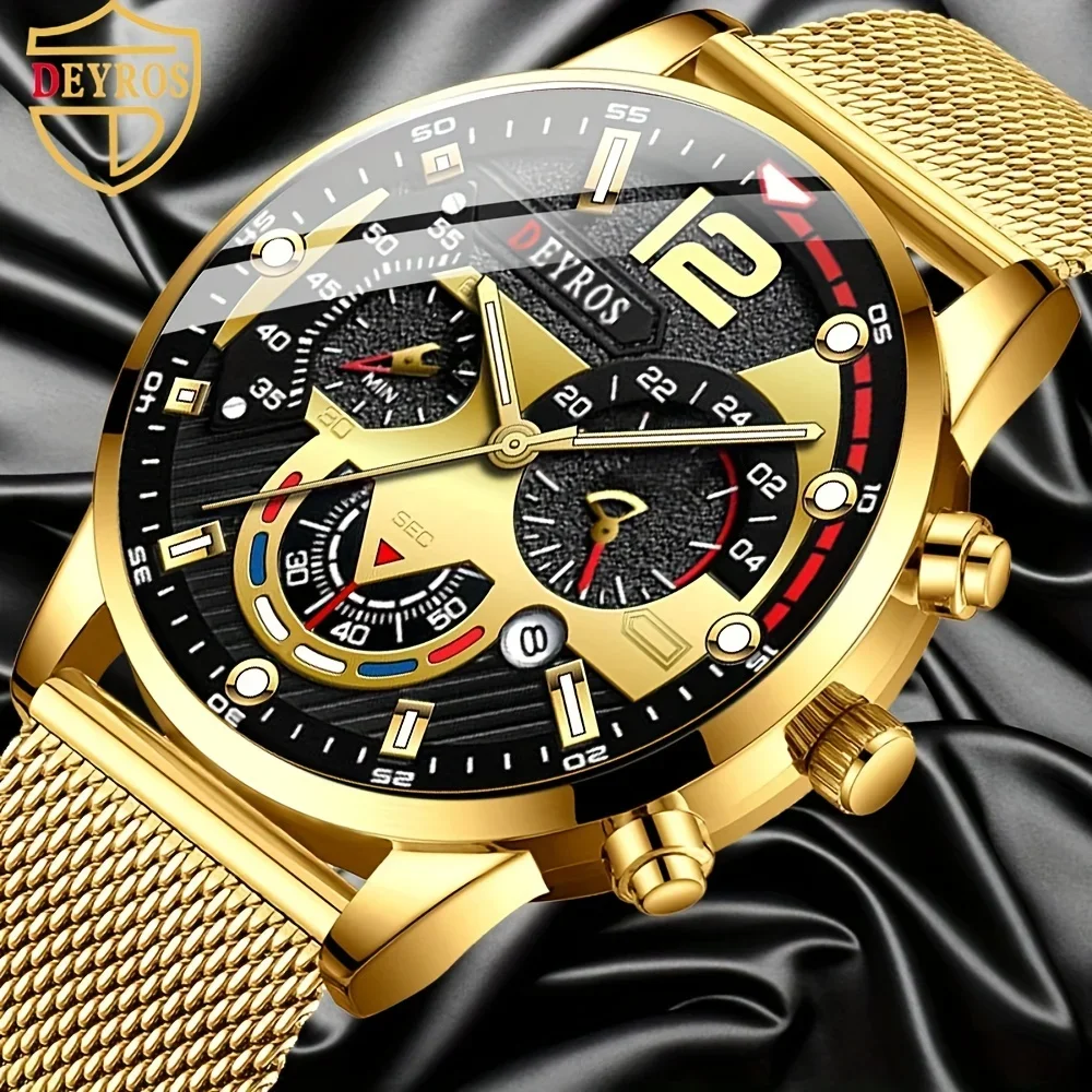 

DEYROS Men's Calendar Watch Fashion Business Mesh Strap Quartz Watch Men's Watch