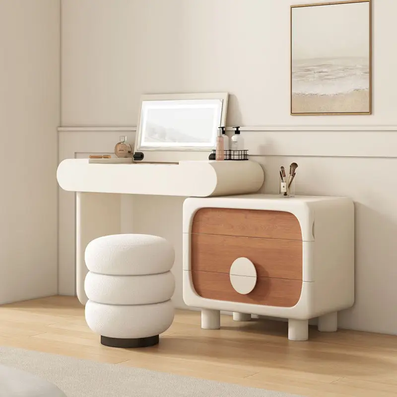

@#n Wooden White Vanity with Mirror Lighting and Stool Popular Bedroom Dressing Table for Girls Stylish Makeup Station