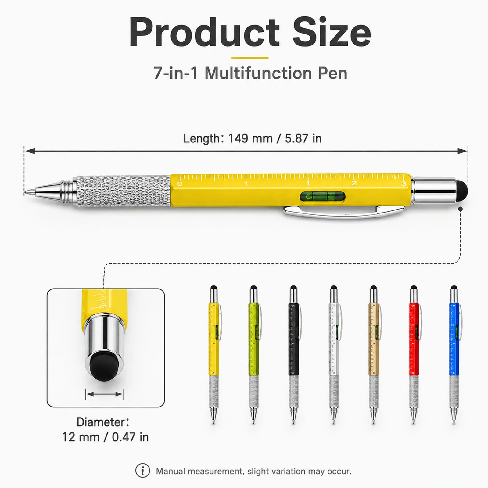 7 in 1 Multi‑Tool Stylus Pen, Capacitive Touch Screen Pen with Screwdriver Ruler Level Gauge Refillable Ballpoint Pen