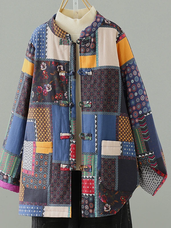 Retro Ethnic Print New Chinese Sle Floral Cotton Jaet Women's Winter Buttoned Cotton Coat Loose Fit Thiened Long Sve