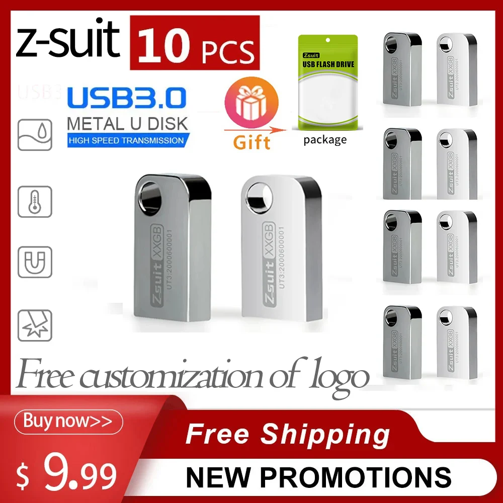 Z-suit New 10PCS/Lot Metal USB Flash Drive USB 3.0 4GB 16GB Customized LOGO USB Memory 128GB Pendrive 32GB U-Disk