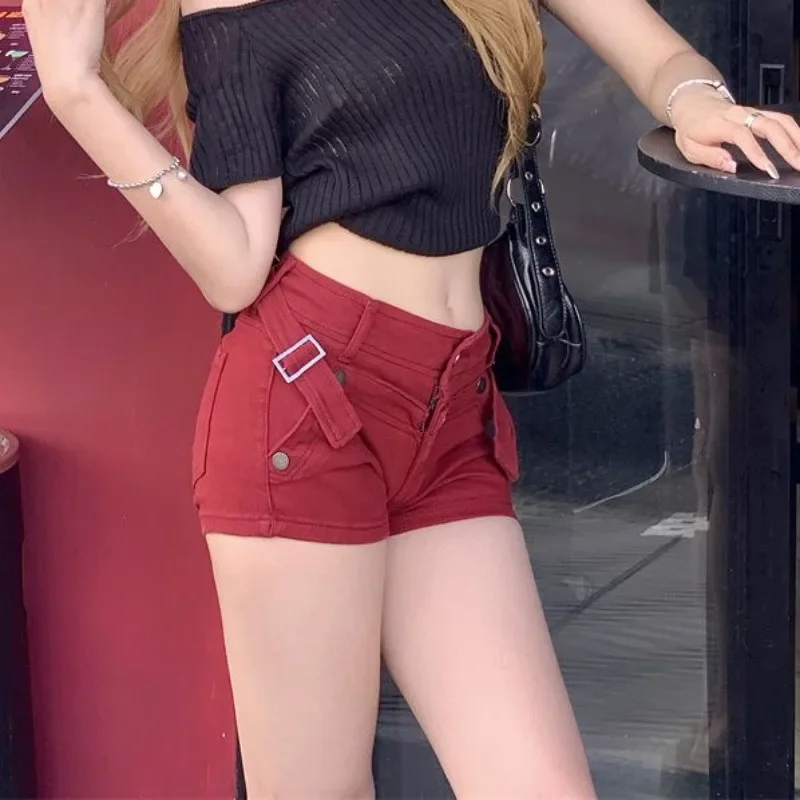 Red Skinny Female Short Jeans Pants Hot Elegant XL Fashion Clothing 2025 Youthful Y2k Vintage Comfy Classic Women's Denim Shorts