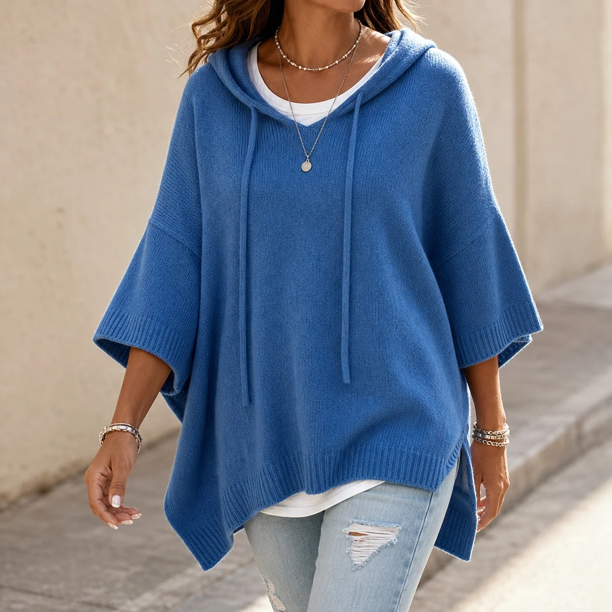 Women's Oversized Medium Weight Knit Hoodie with Batwing Three Quarter Sleeves Solid Color Distressed Neck Casual Basic Loose