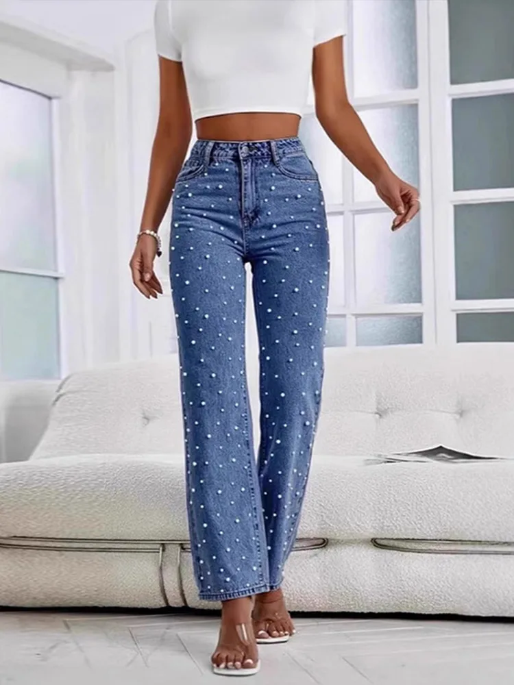 Chic Pearl DENIM กางเกงผู้หญิงสูงเอว Baggy ตรง Baggy กางเกงยีนส์ Lady Elegant แฟชั่น Streetwear Casual Office กางเกงทํางาน