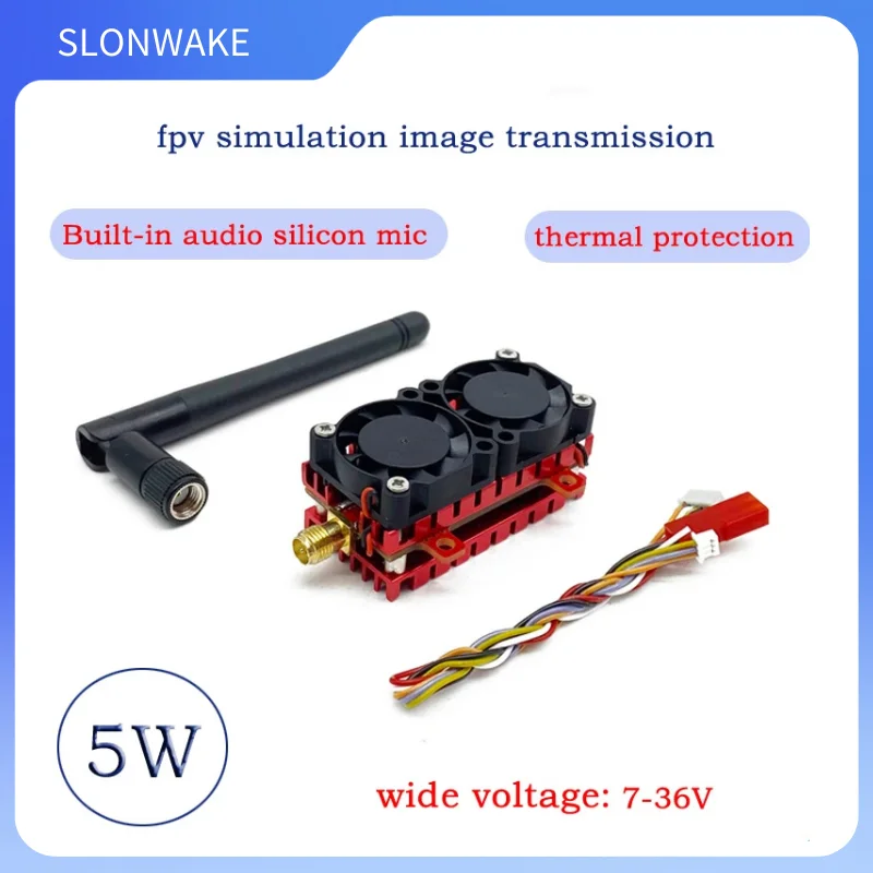 SLONWAKE 5W 5.8G 48CH FPV VTX Módulo transmissor Ventilador de resfriamento duplo Microfone embutido com câmera 1500TVL e display HD de 5 polegadas